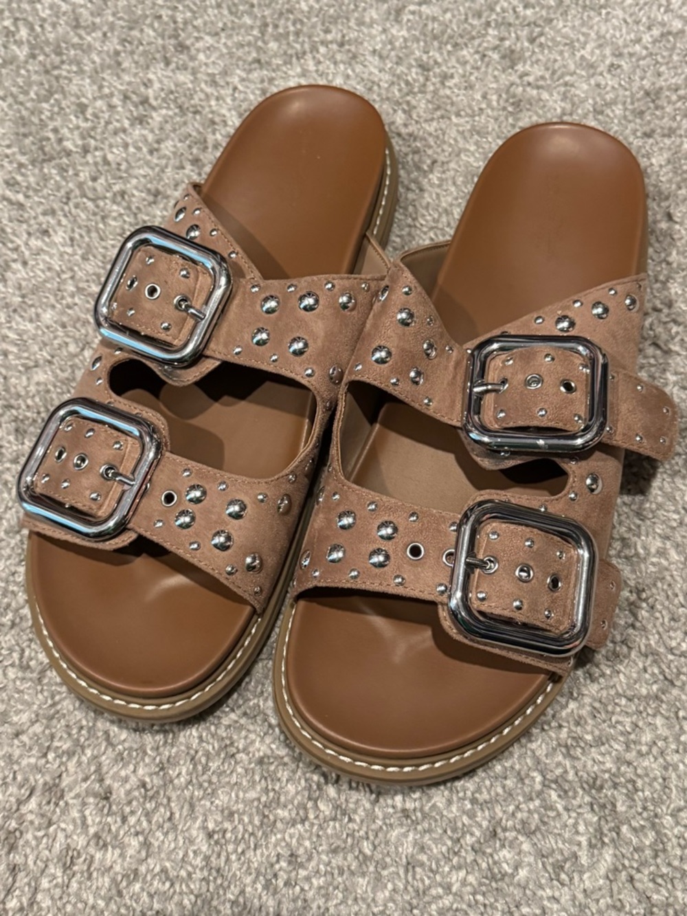 Women’s Studded Double-Buckle Slide Sandals - Brown